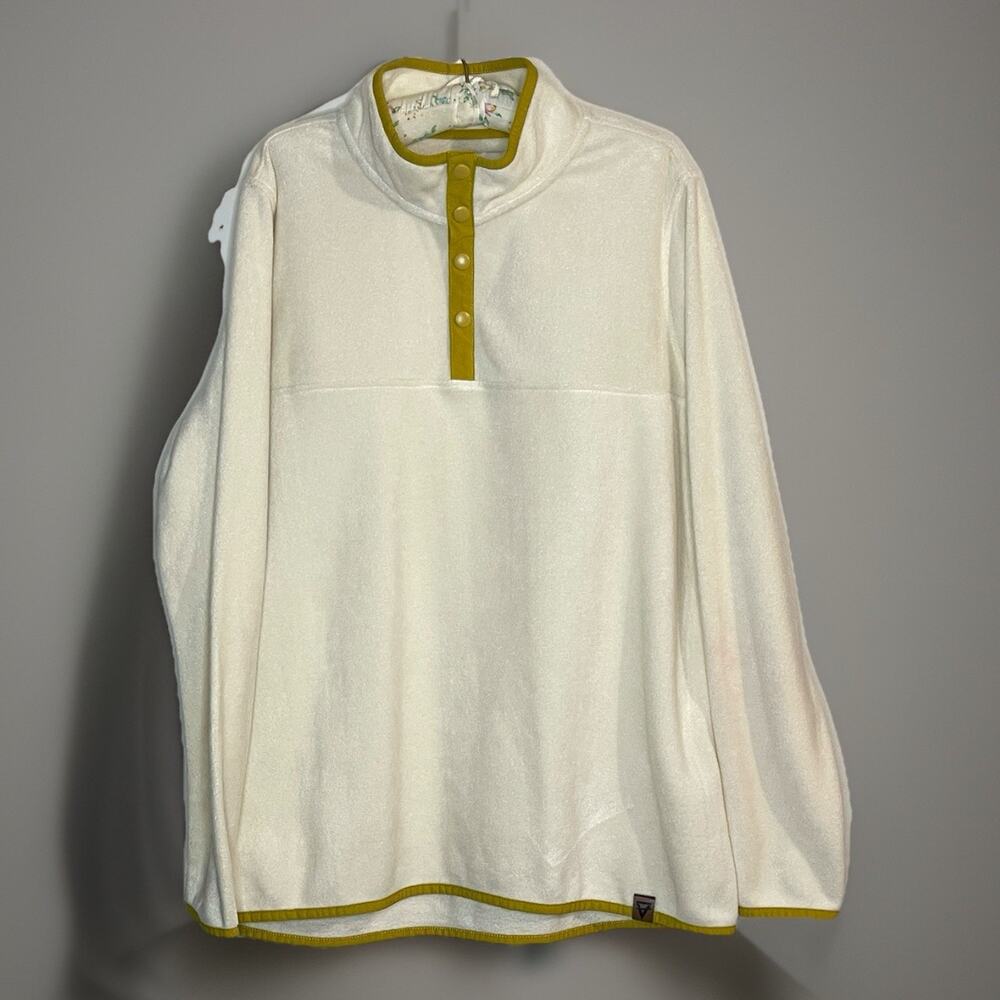 LIV Outdoor Pullover Fleece Cream White Snap Neck Mustard Trim Sweater Mens XL